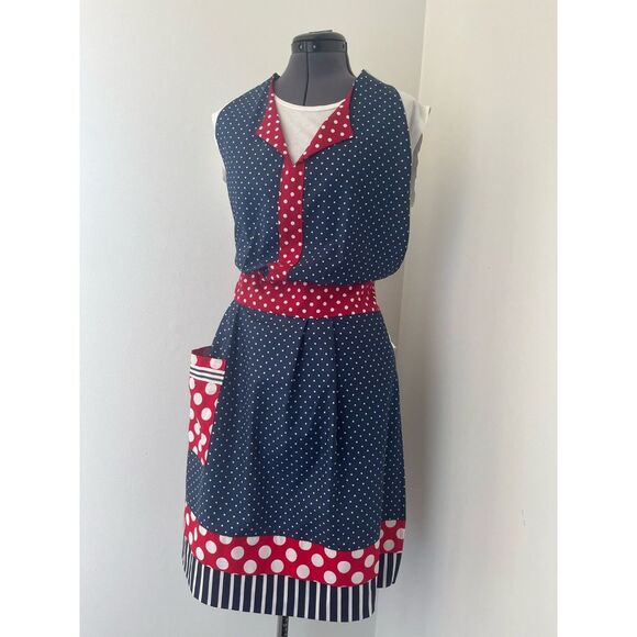 Red, White, & Blue Polkadot Apron with Pocket - Picture 10 of 10